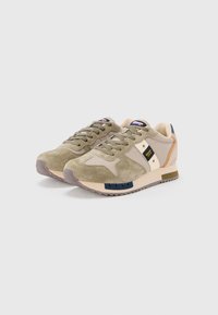 Ζευγάρι από μπεζ και ελιάς σουέτ αθλητικά παπούτσια με σχεδιασμό κορδονιών και ετικέτα με λογότυπο στο πλάι, τοποθετημένα σε απλό λευκό φόντο.