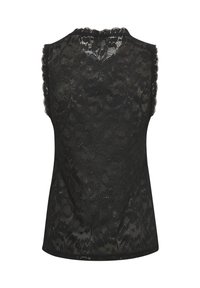 Svart spets ärmlös topp med en vågig urringning, blommönster och en halvgenomskinlig textur med en kurvad fåll.