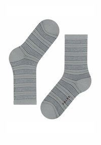 Gray socks with navy stripes, featuring a reinforced toe and heel. Made from a soft material with a smooth texture and elastic cuff.