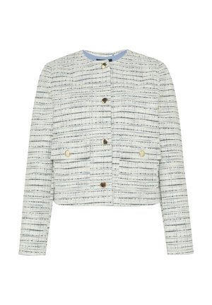 Witte en blauwe gestreepte tweedjas, cropped ontwerp, ronde halslijn, knopen aan de voorkant, twee opgestikte zakken met gouden accenten. Gestructureerde stof.