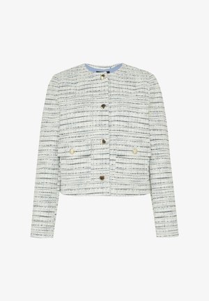 Witte en blauwe gestreepte tweedjas, cropped ontwerp, ronde halslijn, knopen aan de voorkant, twee opgestikte zakken met gouden accenten. Gestructureerde stof.