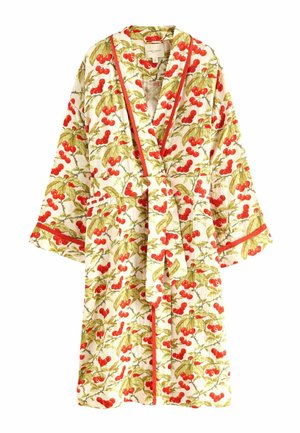 Quilted knee-length robe with red cherry and green leaf pattern, wide sleeves, waist tie, and red trim along edges and cuffs.