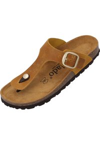 Sandalo in pelle marrone con cinturino e accentuazione circolare, dotato di plantare in sughero e suola esterna in gomma nera testurizzata.