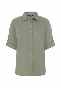 Short-sleeve, button-up shirt in soft olive green. Features two chest pockets, a pointed collar, and rolled cuffs for an adjustable fit.