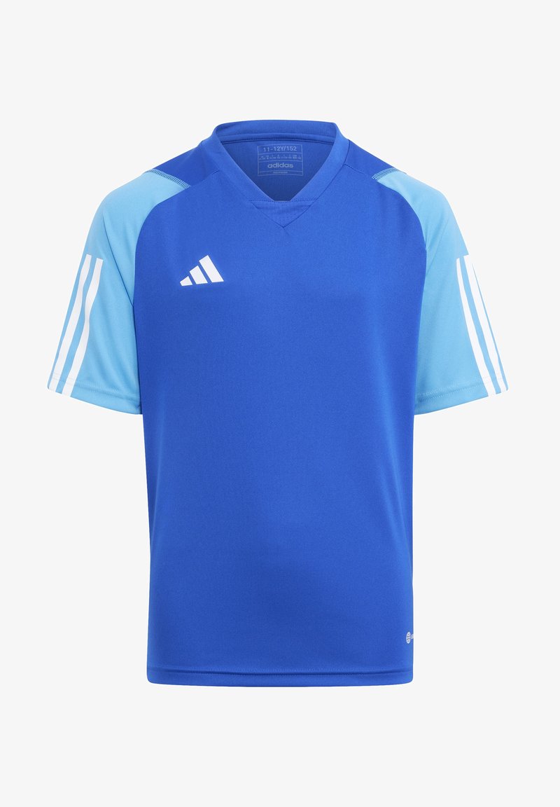 Blaues Sporttrikot mit kurzen Ärmeln, aus leichtem Stoff gefertigt. Verfügt über hellblaue Schulterpanels und drei weiße Streifen auf den Ärmeln.