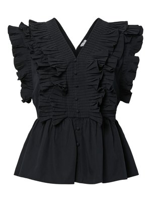 Black sleeveless blouse with deep V-neck, ruffled detailing along front and shoulders, and fabric-covered buttons down the center.