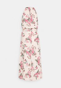 Květinové maxi šaty s přiléhavým tělem a rozšířenou sukni. Obsahují světle béžovou látku zdobenou růžovými a zelenými květinovými vzory.