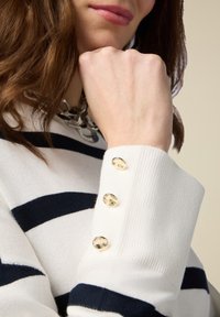 Maglione a righe bianche e blu navy con polsini a coste, caratterizzato da tre bottoni dorati sulla manica e un tessuto morbido e texturizzato.