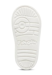 Suola bianca texturizzata di una piccola scarpa con modelli di battistrada, numero "19" vicino al tallone e marchio "Falcotto" impresso al centro.