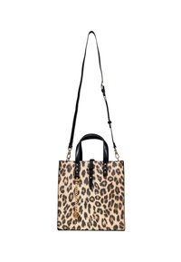 Borsa con stampa leopardata, manici in pelle nera, tracolla removibile, dettagli in metallo dorato e finitura textured.