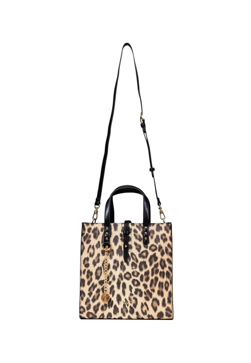 Borsa con stampa leopardata, manici in pelle nera, tracolla removibile, dettagli in metallo dorato e finitura textured.