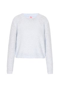 Helles Blau, kurzer Pullover aus weichem, strukturiertem Stoff mit langen Ärmeln und Rundhalsausschnitt. Hat eine leicht lockere Passform.