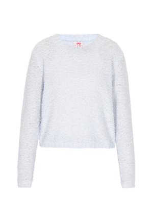 Pulover scurt, de culoare albastru deschis, realizat dintr-un material moale și texturat, cu mâneci lungi și decolteu rotund. Are o croială ușor lejeră.