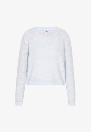 Svetlá modrá, skrátená mikina z mäkkého, textúrovaného materiálu s dlhými rukávmi a okrúhlym výstrihom. Má mierne voľný strih.