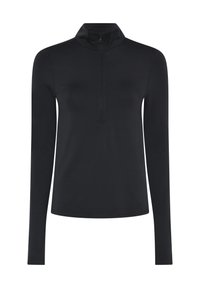Black long-sleeve quarter-zip top with high collar, fitted silhouette, and smooth fabric.