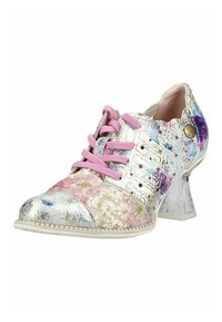 Chaussure à lacets pour femme, à motif floral, avec lacets roses, accents argentés métalliques, perforations et talon bloc transparent.