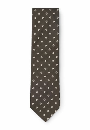 Brown necktie with a repeating pattern of small white diamond shapes spaced evenly across the fabric.