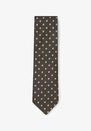 Brown necktie with a repeating pattern of small white diamond shapes spaced evenly across the fabric.