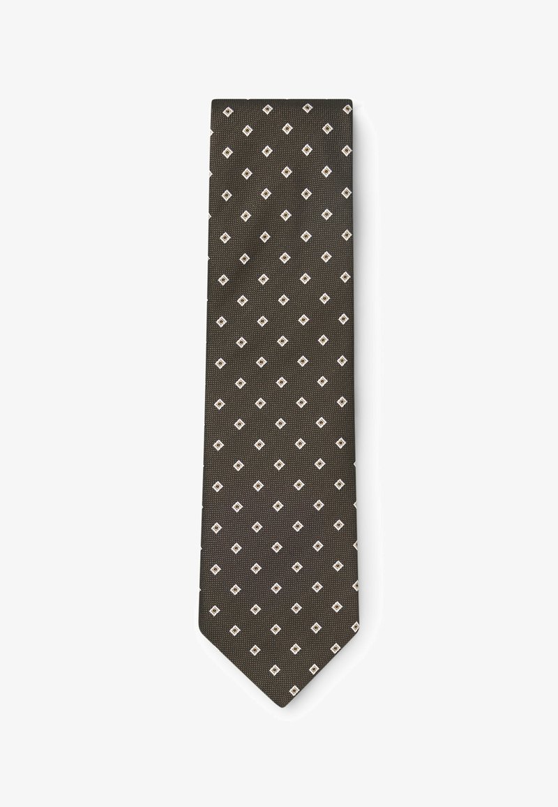 Cravate marron avec un motif répétitif de petits losanges blancs espacés uniformément sur le tissu.