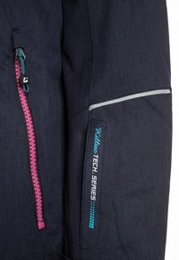 Dunkelblaue Jacke mit Ärmel und pinkem Reißverschluss, türkisfarbigem Zipper, reflektierendem Streifen und "Killtec TECH. SERIES" Branding in türkis und weiß.