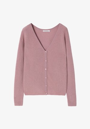 Bunda s V-izrezom v mehki roza pletenini z rebrastim teksturo in šestimi ujemajočimi gumbi spredaj. Dolgi rokavi in sproščen kroj.