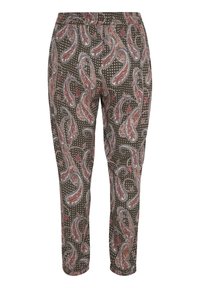 Pantalon marron à motif cachemire avec un fond à pois, doté d'une taille élastique et d'une coupe fuselée.