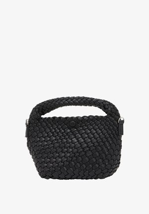 Borsa a tracolla nera intrecciata con manico superiore arrotondato, realizzata in pelle lavorata. Presenta una chiusura a pressione e un dettaglio laterale decorativo.