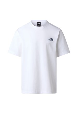 Weißes kurzärmliges T-Shirt mit Rundhalsausschnitt und kleinem schwarzem The North Face-Logo auf der linken Brust.