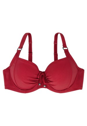 Soutien-gorge de bikini rouge avec armatures, bonnets moulés et bretelles réglables. Comprend un centre froncé avec un nœud et des accents argentés à la base.