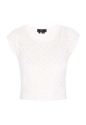 Weißer, kurz geschnittener Pullover aus strukturiertem Strickstoff, mit kurzen Ärmelchen und einem durchgehenden Rautenmuster.