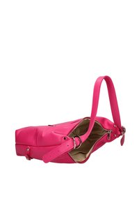 Borsa a mano in pelle rosa con finitura texturizzata, chiusura con zip, tracolla laterale e interno beige. Presenta dettagli in metallo argentato.