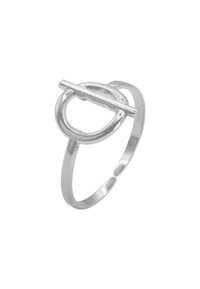 Zilveren ring met een ovale vorm en een horizontale balkaccent. Gladde textuur met een gepolijste afwerking en een open bandontwerp.