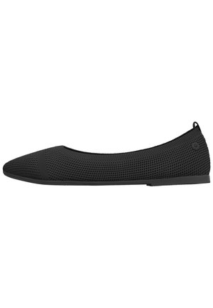 Ballerines noires en mesh avec un bout pointu, un dessus texturé et une semelle plate en caoutchouc. Accentué par des bandes horizontales sur le cou-de-pied.