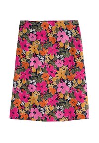 Floral-print skirt featuring vibrant colors like pink, orange, and yellow on a dark background. Made of lightweight fabric with a straight cut.
