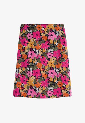 Rock mit Blumenmuster in lebhaften Farben wie Pink, Orange und Gelb auf einem dunklen Hintergrund. Hergestellt aus leichtem Stoff mit geradem Schnitt.