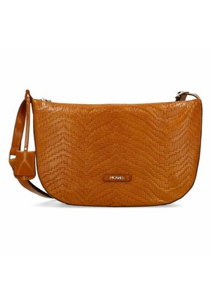 Braune geflochtene Leder-Schultertasche mit Fischgrätmuster, Reißverschluss, verstellbarem Trageriemen und Markenanhänger auf der Vorderseite.