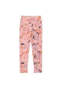 Leggings mit einem pinken Hintergrund und Pferdeillustrationen in Orange und Marineblau. Weicher Stoff mit einer figurbetonten Passform und zwei Gesäßtaschen.