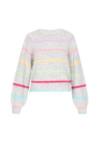 Maglione grigio corto con maniche lunghe, caratterizzato da righe orizzontali in rosa, giallo, verde e blu. Tessuto morbido e testurizzato.