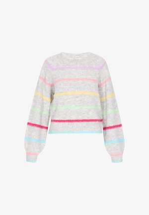 Gray cropped sweater with long sleeves, featuring horizontal stripes in pink, yellow, green, and blue. Soft, textured fabric.