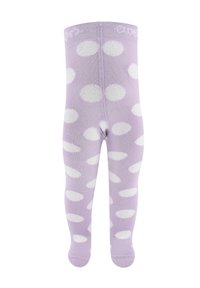 Lilac tights with white polka dots, made of soft cotton blend fabric. Features a comfortable elastic waistband and seamless design.