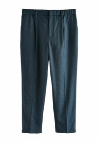 Dark gray, tailored trousers with an elastic waistband, pleats, and tapered legs. Made from textured fabric. No pockets visible.