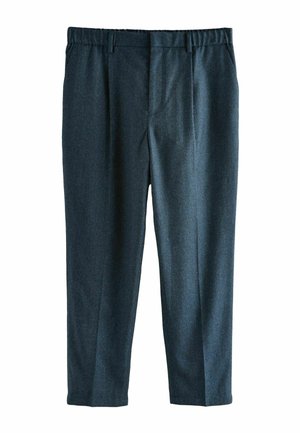 Dark gray, tailored trousers with an elastic waistband, pleats, and tapered legs. Made from textured fabric. No pockets visible.