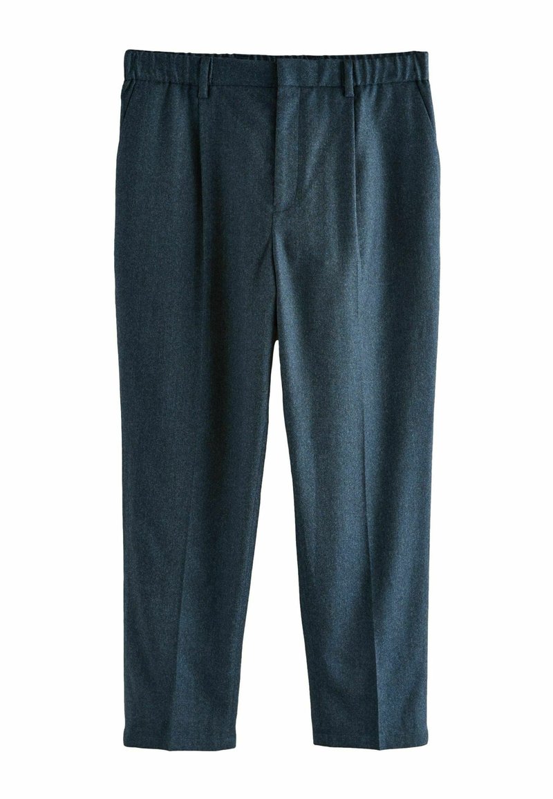 Dark gray, tailored trousers with an elastic waistband, pleats, and tapered legs. Made from textured fabric. No pockets visible.