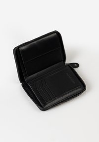 Black leather wallet with a zip closure, featuring multiple card slots and a smooth texture. Interior is minimalist without additional patterns.