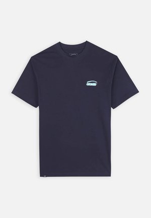 T-shirt en coton marine à manches courtes, col rond, avec un petit logo aqua sur la poitrine. Texture lisse, coupe décontractée, design minimaliste.