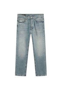 Jasnoniebieskie dżinsy z denimu o prostych nogawkach, z pięcioma kieszeniami, kontrastującym przeszyciem oraz wyblakłym wykończeniem na udach.