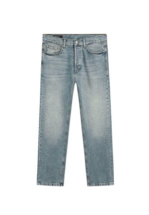 Lichtblauwe spijkerbroek met een rechte pijp, vijf zakken, contrasterende stiksels en een verweerde afwerking langs de dijen.