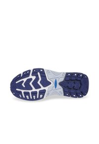 Gumeni potplat cipela s bijelim srednjim dijelom i ljubičastom gumom na dnu. Ima različite uzorke tla i teksturirane površine za prianjanje i stabilnost.