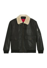 Czarna skórzana kurtka z kolnierzem z jasnego owczej skóry, z przodu na zamek, dwoma dużymi kieszeniami z przodu i kieszenią na zamek na rękawie. Teksturowane wykończenie.