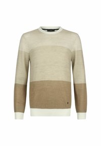 Pull col rond homme en maille texturée avec blocs de couleurs horizontaux beige, marron clair et crème, manches longues, poignets et ourlet côtelés.
